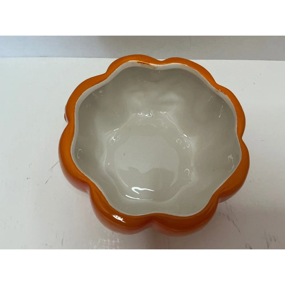Hand Painted Earthenware Pumpkin Bowl Orange Scalloped Fall Decor 6 Inch